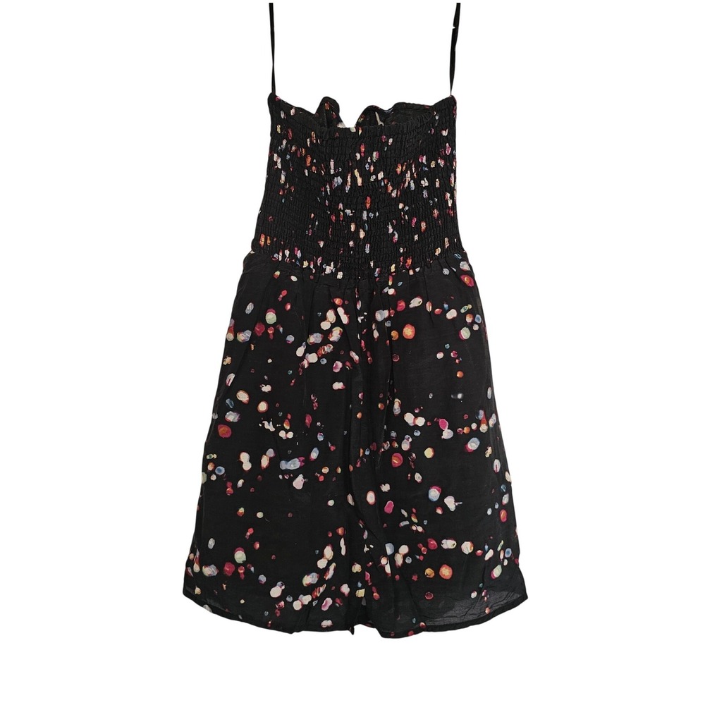 Black Smocked Strapless Dress Colorful Dot Print Mini